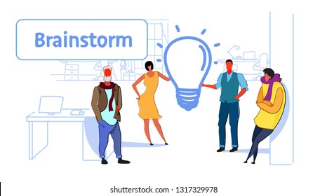 businesspeople group meeting brainstorming process business people team thinking new creative innovation light lamp icon coworking office interior sketch horizontal