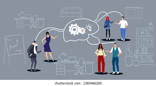 businesspeople group meeting brainstorming process project work idea generation concept business people team thinking gear wheel brain co-working office interior sketch horizontal