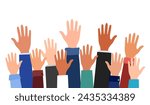 Businesspeople group raised arms and hands in flat design on white background.