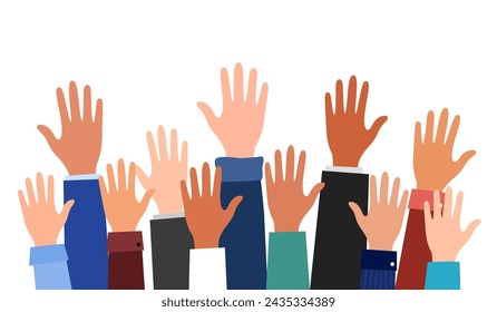 Businesspeople group raised arms and hands in flat design on white background.