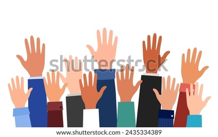 Businesspeople group raised arms and hands in flat design on white background.