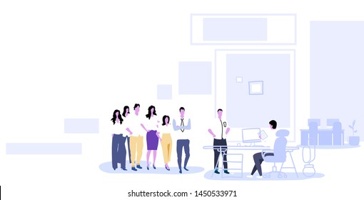 businesspeople group standing in line queue to hr manager holding cv resume interviewing candidate curriculum vitae recruitment job position concept office interior doodle horizontal full length