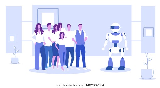 businesspeople group standing with robot artificial intelligence concept business people at meeting with humanoid modern robotic technology sketch horizontal full length