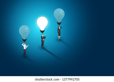 Businesspeople group standing under lightbulb but one person creative concept solution and succes. Flat isometric illustration vector