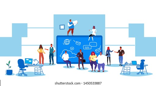 businesspeople group using laptop social media communication concept business people team connecting online networking and chatting modern office interior sketch horizontal full length