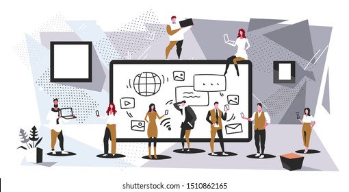 businesspeople group using tablet computer app social media communication digital addiction concept business people discussing during meeting modern office interior full length sketch horizontal