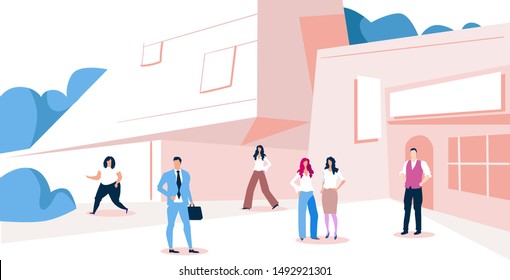 Businesspeople Group Walking Outdoors Near Modern Business Center Men Women In Formal Wear Standing In Area City Office Building Exterior Sketch Full Length Horizontal