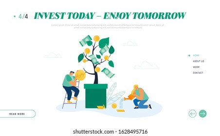 Businesspeople Growing Money Tree, Creating Savings Website Landing Page. Banking Income and Investment People Harvesting Profit, Bank Deposit Success Web Page Banner. Cartoon Flat Vector Illustration