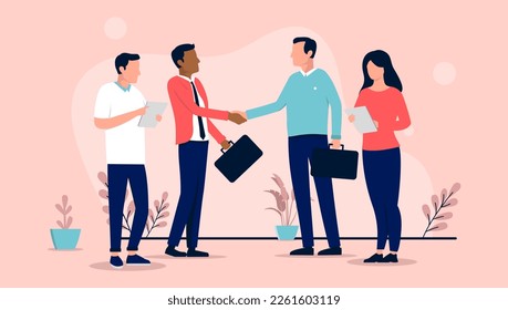 Businesspeople handshake - Two teams of people shaking hands on agreement and business deal. Flat design vector illustration