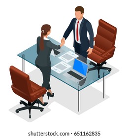 Businesspeople handshaking after negotiation or interview at office. Productive partnership concept. Constructive Business Confrontation isometric vector illustration 