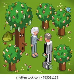 Businesspeople harvesting money from trees bearing coins and bills like fruits (isometric cartoon)
