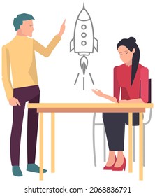 Businesspeople have project strategy planning meeting. Teamwork with business plan, creating new creative project. Meeting to discuss starting business. Colleagues discussing work in entrepreneurship