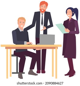Businesspeople have project strategy planning meeting. Teamwork with business plan, creating new creative project. Meeting to discuss starting business. Colleagues discussing work in entrepreneurship