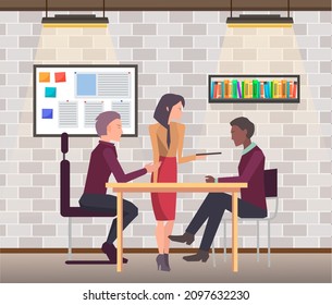 Businesspeople have project strategy planning meeting. Teamwork with business plan, creating new creative project. Meeting to discuss starting business. Colleagues discussing work in entrepreneurship