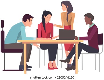 Businesspeople have project strategy planning meeting. Teamwork with business plan, creating new creative project. Meeting to discuss starting business. Colleagues discussing work in entrepreneurship