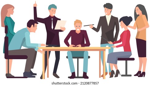 Businesspeople have project strategy planning meeting. Teamwork with business plan, creating new creative project. Meeting to discuss starting business. Colleagues discussing work in entrepreneurship