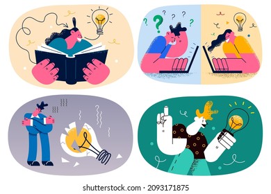 Las personas de negocios tienen altas y bajas oportunidades de generar nuevas ideas de negocios en el lugar de trabajo. Las tormentas de ideas de empleados o trabajadores trabajan en computadoras para proyectos o planes de innovación. Ilustración vectorial plana. Establecer.