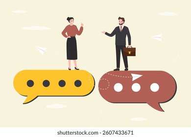 Businesspeople having conversation on chat speech bubbles. Small talk, communication or work discussion. Sending message or telling new idea, conversation to gather information and business solution