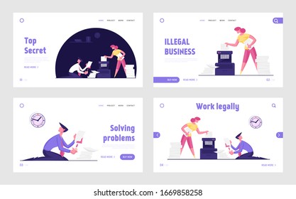 Businesspeople Hiding Illegal Business Activity Destroying Secret Docs. Businessman and Businesswoman Put Documents to Shredder. Cartoon Flat Vector Illustration