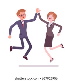 Businesspeople high five jumping. Opportunities and promotion, interpersonal skills. Office protocol concept. Vector flat style cartoon illustration, isolated, white background