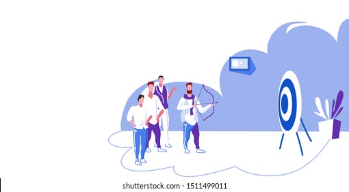 businesspeople hitting arrow in target archery achievement goal concept business people standing together successful teamwork strategy modern office interior sketch full length horizontal