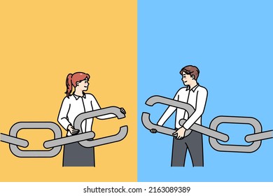 Businesspeople hold chain with missing link find solution together. Man and woman employee solve business problem together. Teamwork and cooperation concept. Vector illustration. 
