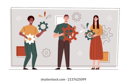 Businesspeople hold cogs. Men and girls with wheels, metaphor for teamwork of employees. Colleagues working on one project, development of company or organization. Cartoon flat vector illustration