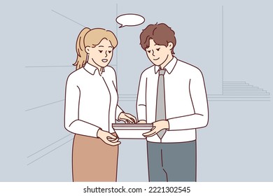 Businesspeople hold document discuss business ideas in office. Colleagues or coworkers talk brainstorm about paper work. Teamwork. Vector illustration. 