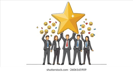 businesspeople holding a big golden star surrounded by joy emojis continuous single line art drawing sketch on white background