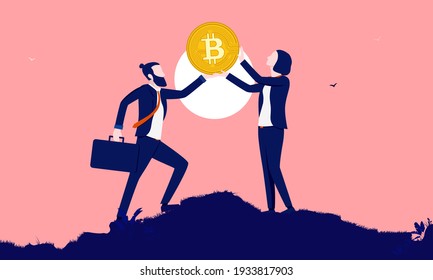 Businesspeople holding Bitcoin - Man and woman holding crypto currency in front of sun. Business bitcoin adoption and investing concept. Vector illustration.