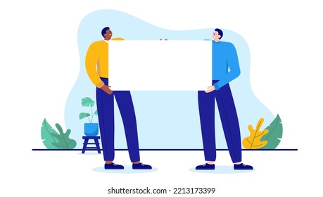 Businesspeople Holding Blank Sign - Two People Holding White Empty Poster Banner In Hands. Flat Design Cartoon Vector Illustration With White Background