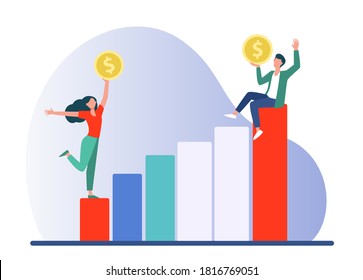 Businesspeople holding coin and increasing profit. Growth, money, success flat vector illustration. Finance and business concept for banner, website design or landing web page