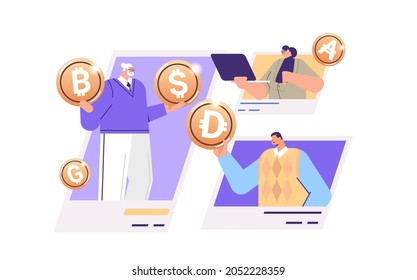 businesspeople holding golden crypto coins cryptocurrency mining virtual money digital currency blockchain