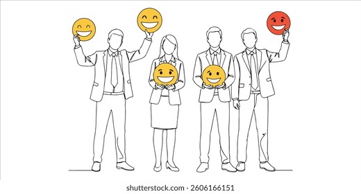 businesspeople holding satisfaction and joy emojis in their hands continuous single line art drawing sketch on white background