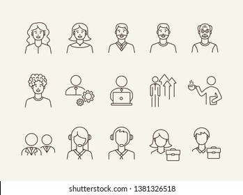 Iconos de gente de negocios. Conjunto de iconos de línea en fondo blanco. Descanso de café, gerente, empleado. Concepto de trabajadores de oficina. La ilustración vectorial puede utilizarse para temas como negocios, carrera, empleo