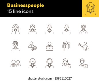 Businesspeople icons. Set of line icons on white background. Coffee break, manager, employee. Office workers concept. Vector illustration can be used for topics like business, career, employment