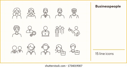 Businesspeople icons. Set of line icons on white background. Coffee break, manager, employee. Office workers concept. Vector illustration can be used for topics like business, career, employment