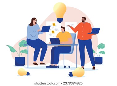 Businesspeople with idea - Team of people brainstorming and having workshop coming up with new ideas for business and project. Creative work concept in flat design vector illustration