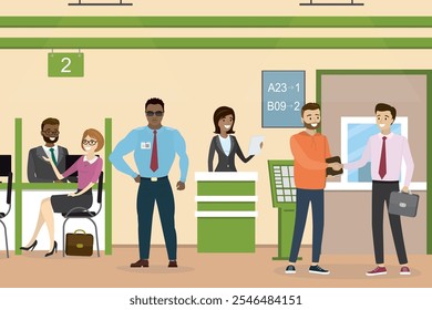 Empresarios dentro del banco, diseño interior de la oficina. Las personas de negocios utilizan cajeros automáticos y terminales. Gerente de banco de dibujos animados y Clientes. Guardia de seguridad con uniforme. Humanos en varias poses. Ilustración vectorial