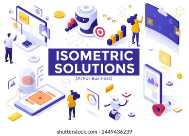 Businesspeople interacting with artificial intelligence. AI for business isometric solutions elements collection. Computer building strategy of company commercial growth 3d vector illustrations