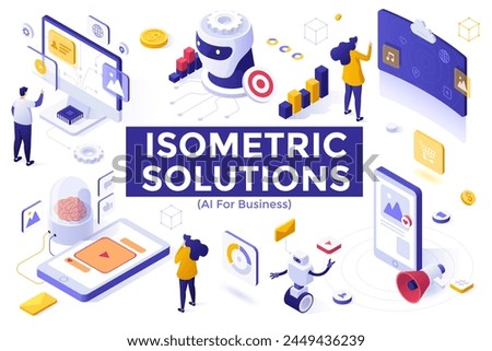 Businesspeople interacting with artificial intelligence. AI for business isometric solutions elements collection. Computer building strategy of company commercial growth 3d vector illustrations