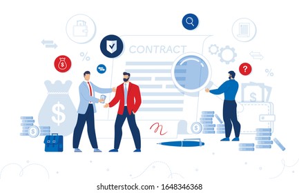 Businesspeople Investigating and Discussing Financial Document. Businessman Giving Money to Partner. Man with Magnifying Glass Checking Business Contract Condition. Financial Administration and Audit