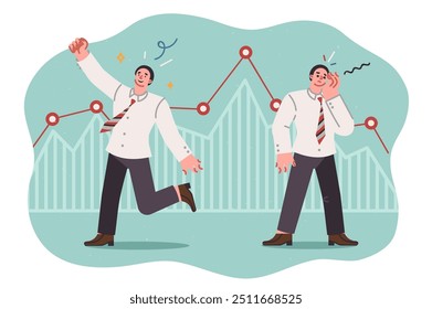Businesspeople involved in investing experience different emotions when stock prices decline due to differences in financial strategies. Businesspeople stand near trading chart and are happy or sad