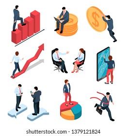 Businesspeople isometric icons set with male and female persons and money and business symbols isolated vector illustration
