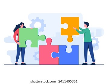 Businesspeople join jigsaw puzzle pieces flat illustration vector template, Teamwork, Partnership, Cooperation, Achievement, Solution, Problem-solving