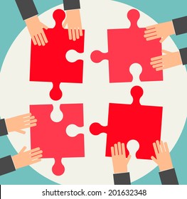 Businesspeople joining puzzle pieces on table, vector illustration