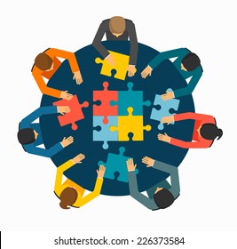 Businesspeople joining puzzle pieces on table, vector illustration