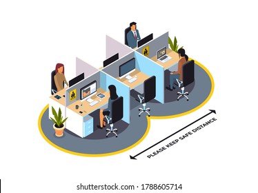 businesspeople keeping distance to prevent coronavirus pandemic social distancing concept colleagues working during quarantine in coworking area horizontal full length isometric vector illustration
