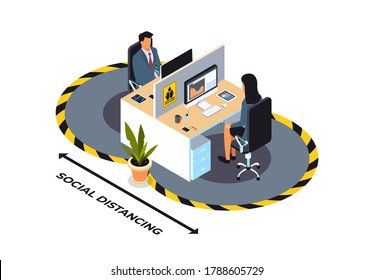 businesspeople keeping distance to prevent coronavirus pandemic social distancing concept colleagues working during quarantine in coworking area horizontal full length isometric vector illustration