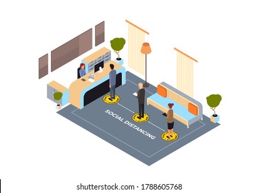 businesspeople keeping distance to prevent coronavirus pandemic social distancing concept business people standing line queue at reception desk horizontal full length isometric vector illustration